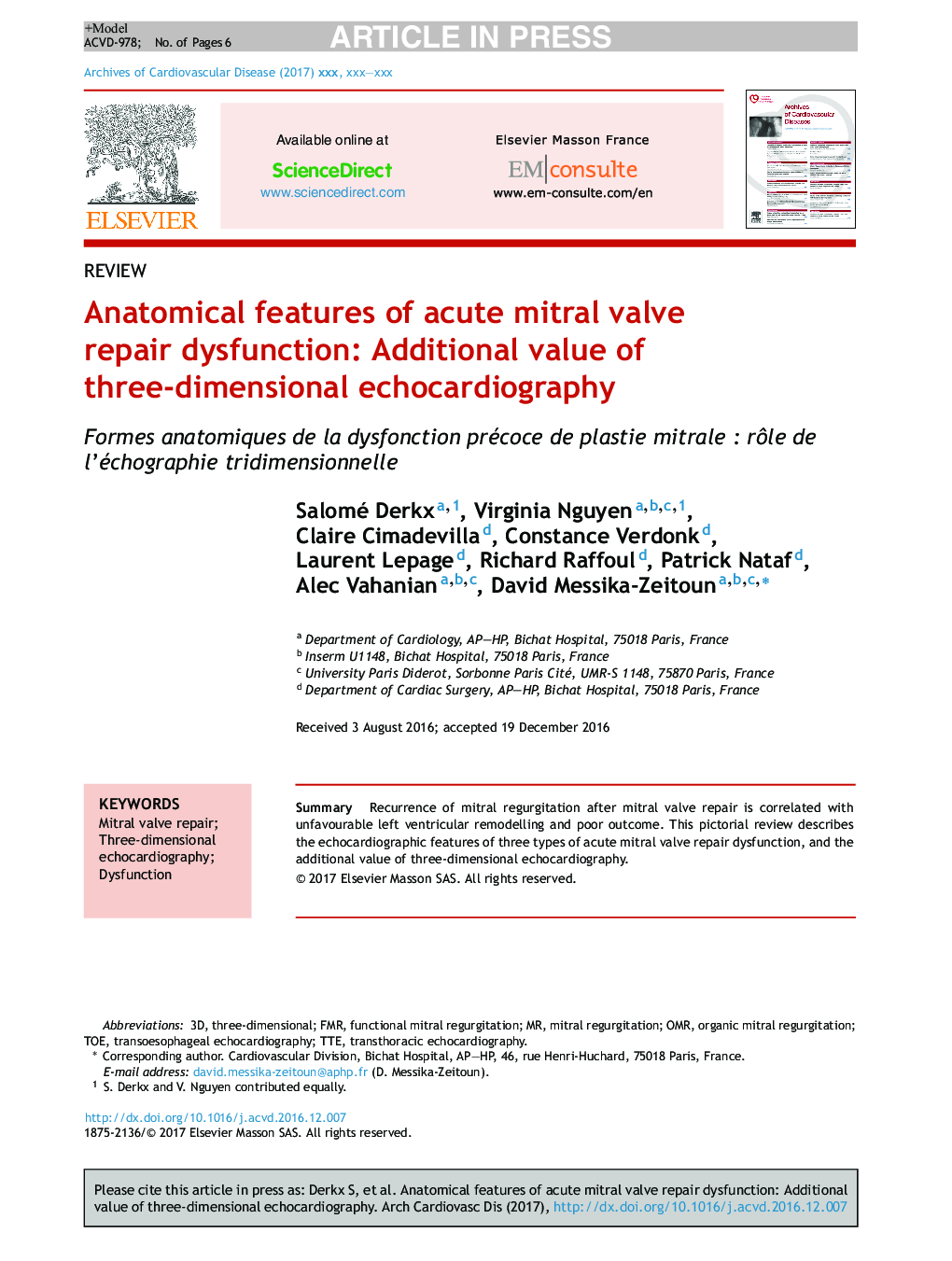 Anatomical features of acute mitral valve repair dysfunction: Additional value of three-dimensional echocardiography