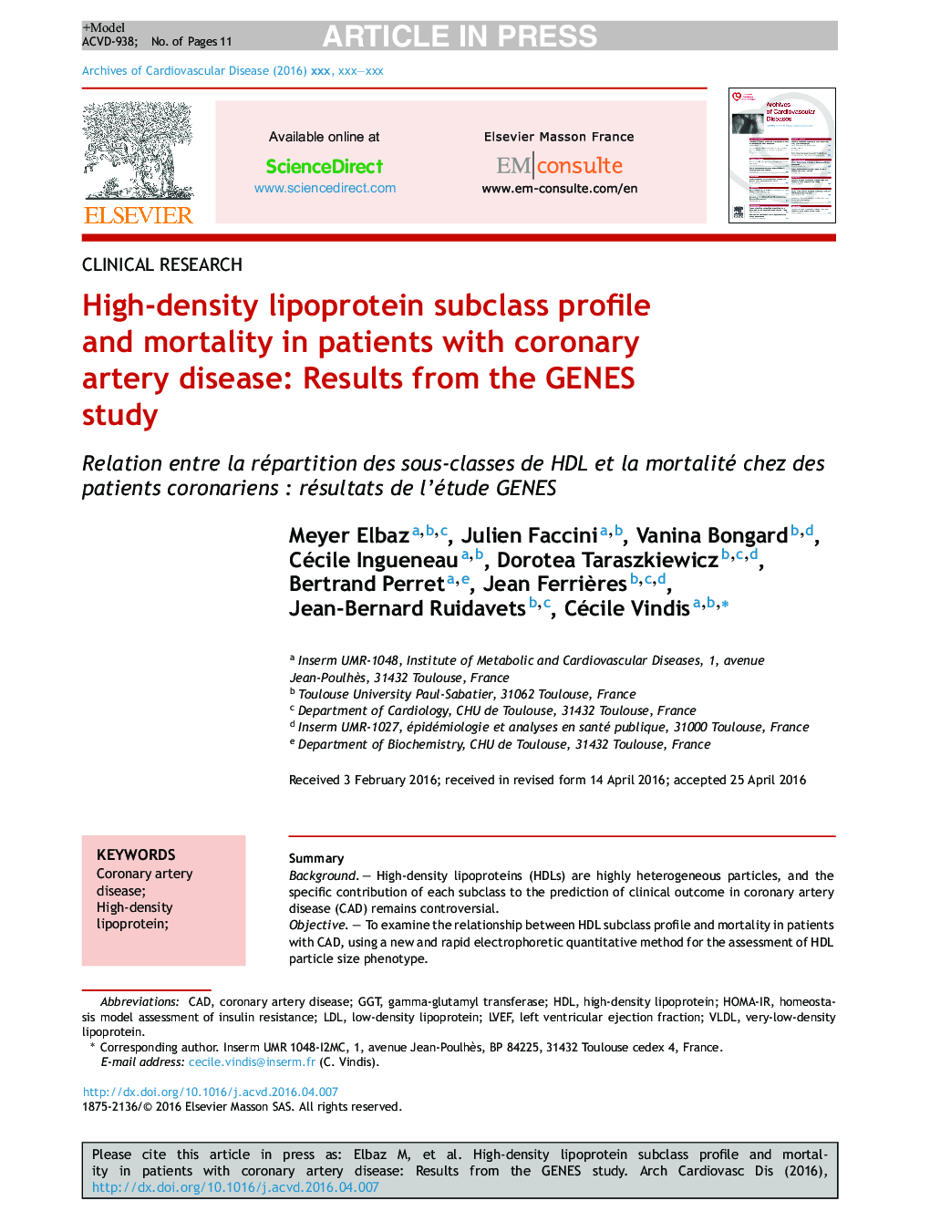 High-density lipoprotein subclass profile and mortality in patients with coronary artery disease: Results from the GENES study