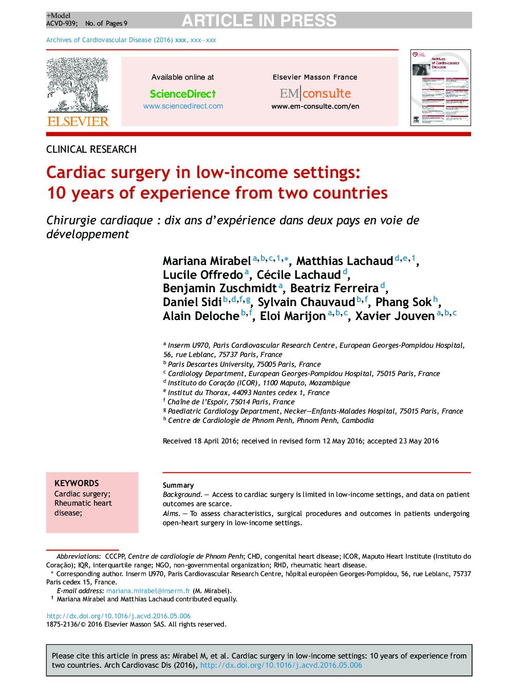 Cardiac surgery in low-income settings: 10 years of experience from two countries