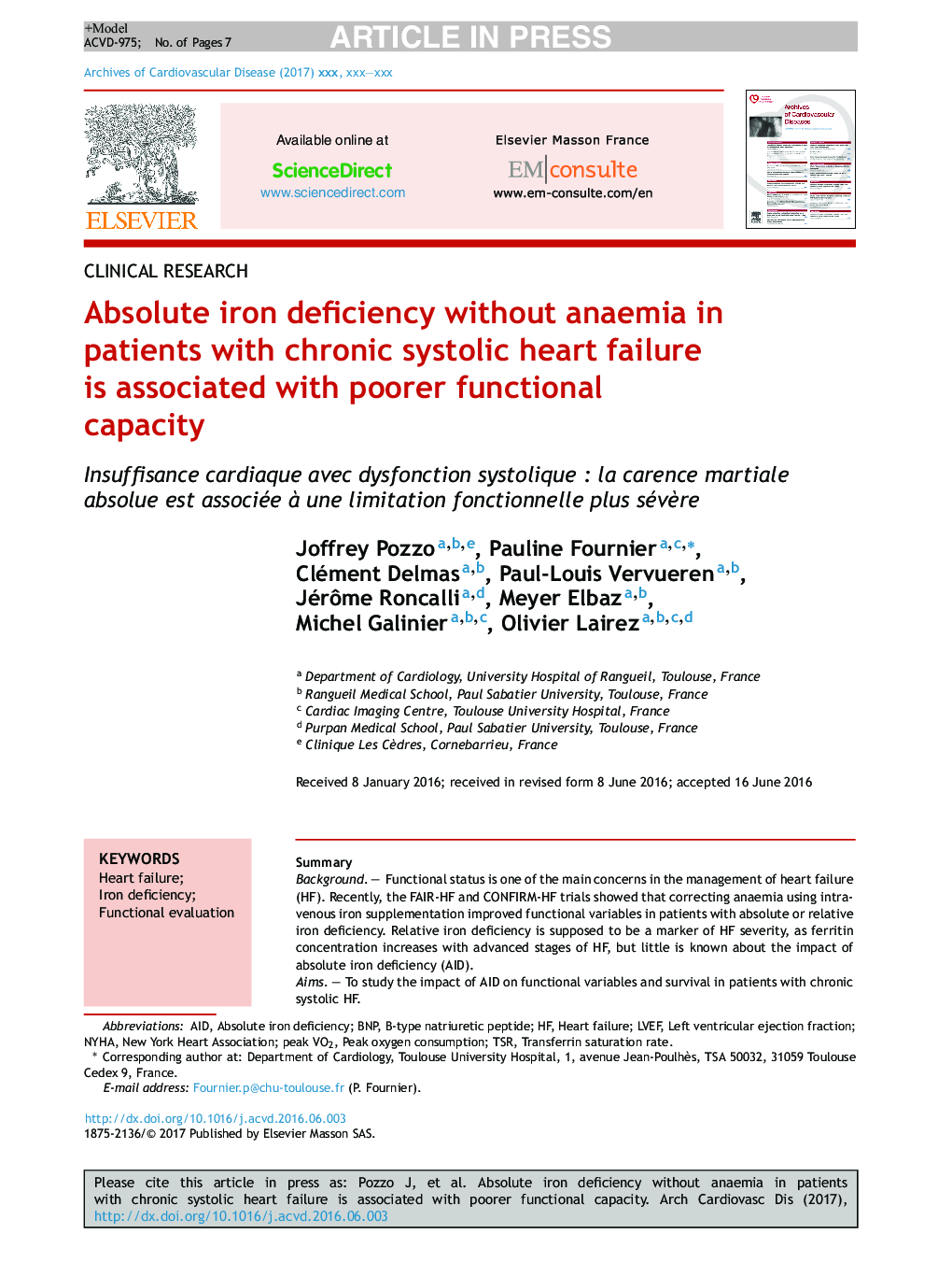 Absolute iron deficiency without anaemia in patients with chronic systolic heart failure is associated with poorer functional capacity