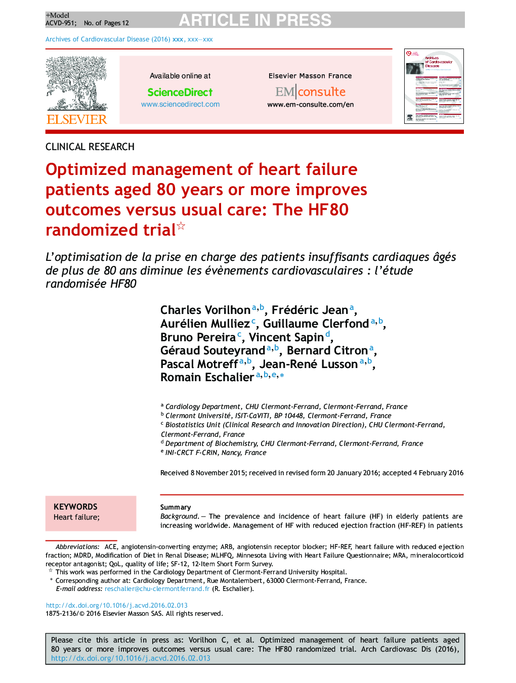 Optimized management of heart failure patients aged 80 years or more improves outcomes versus usual care: The HF80 randomized trial