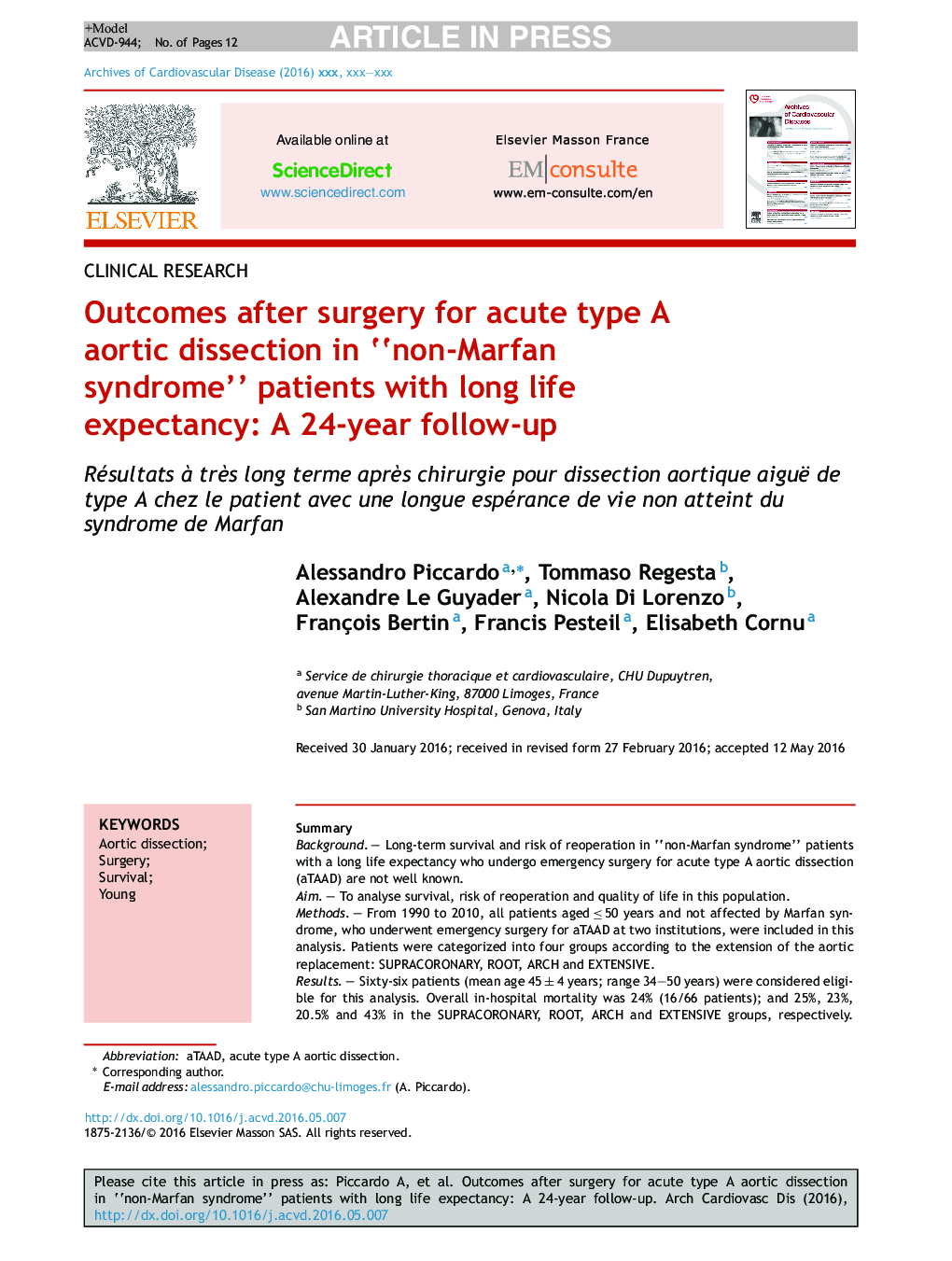 Outcomes after surgery for acute type A aortic dissection in “non-Marfan syndrome” patients with long life expectancy: A 24-year follow-up