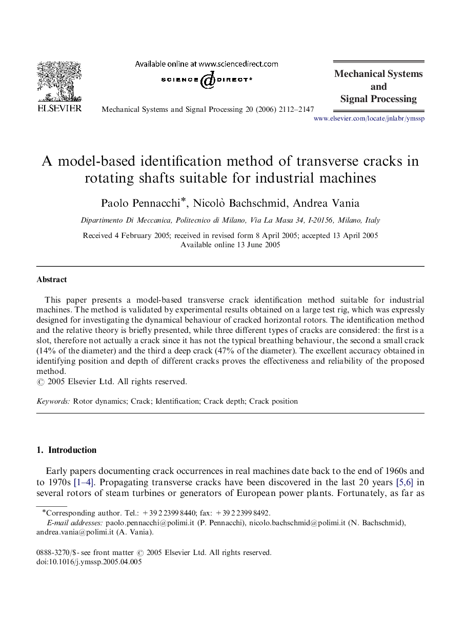 A model-based identification method of transverse cracks in rotating shafts suitable for industrial machines