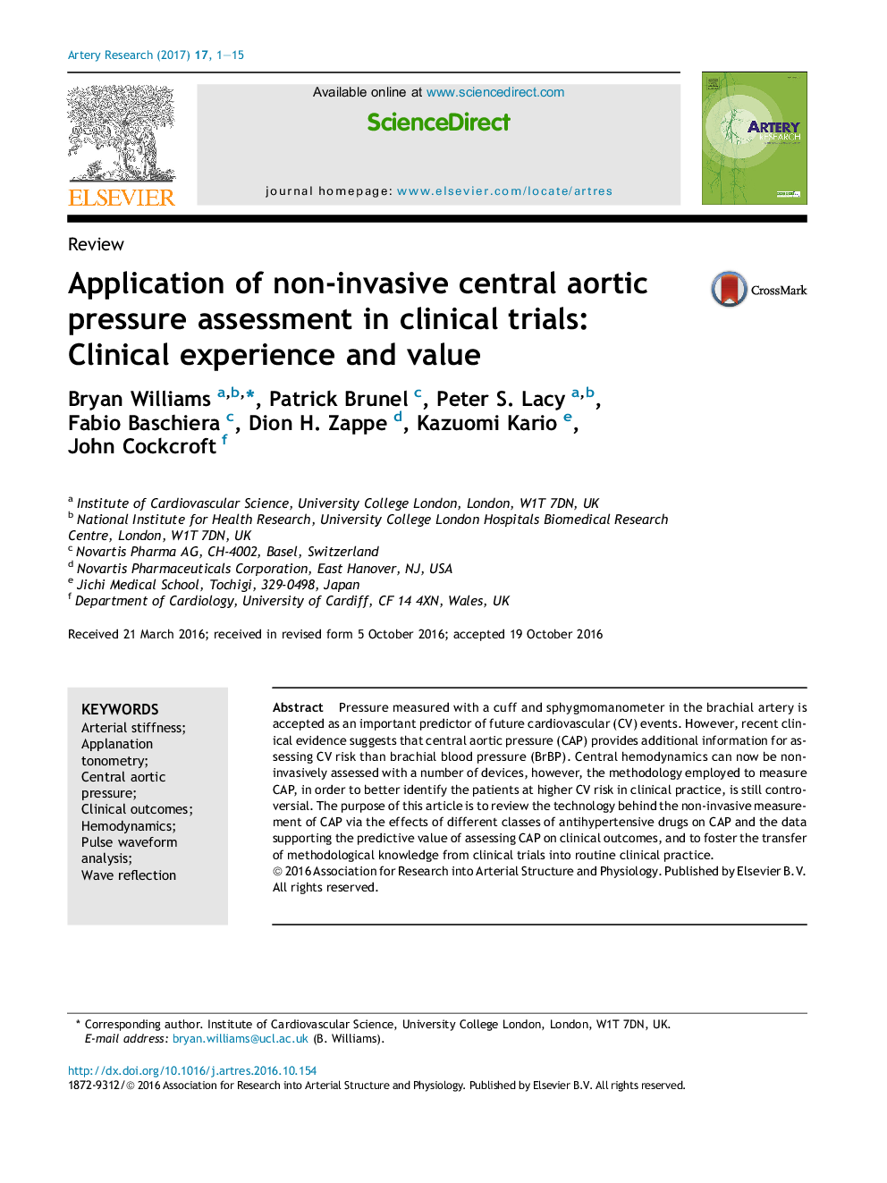 Application of non-invasive central aortic pressure assessment in clinical trials: Clinical experience and value