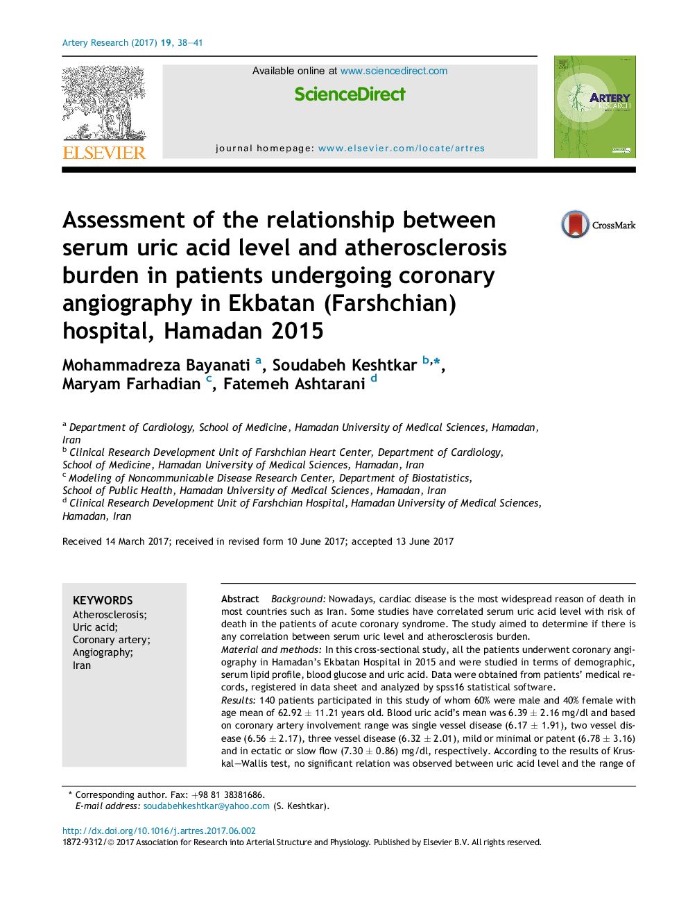 Assessment of the relationship between serum uric acid level and atherosclerosis burden in patients undergoing coronary angiography in Ekbatan (Farshchian) hospital, Hamadan 2015