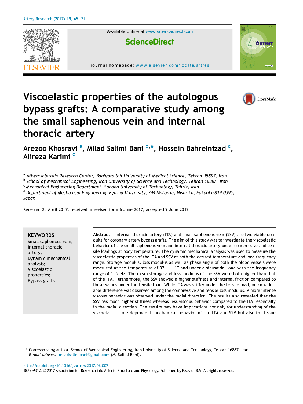 Viscoelastic properties of the autologous bypass grafts: A comparative study among the small saphenous vein and internal thoracic artery