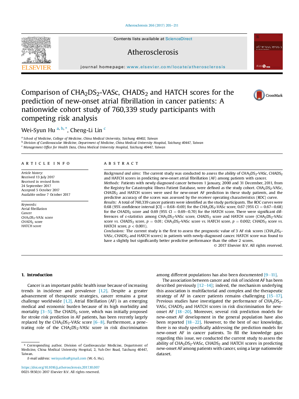 Comparison of CHA2DS2-VASc, CHADS2 and HATCH scores for the prediction of new-onset atrial fibrillation in cancer patients: A nationwide cohort study of 760,339 study participants with competing risk analysis