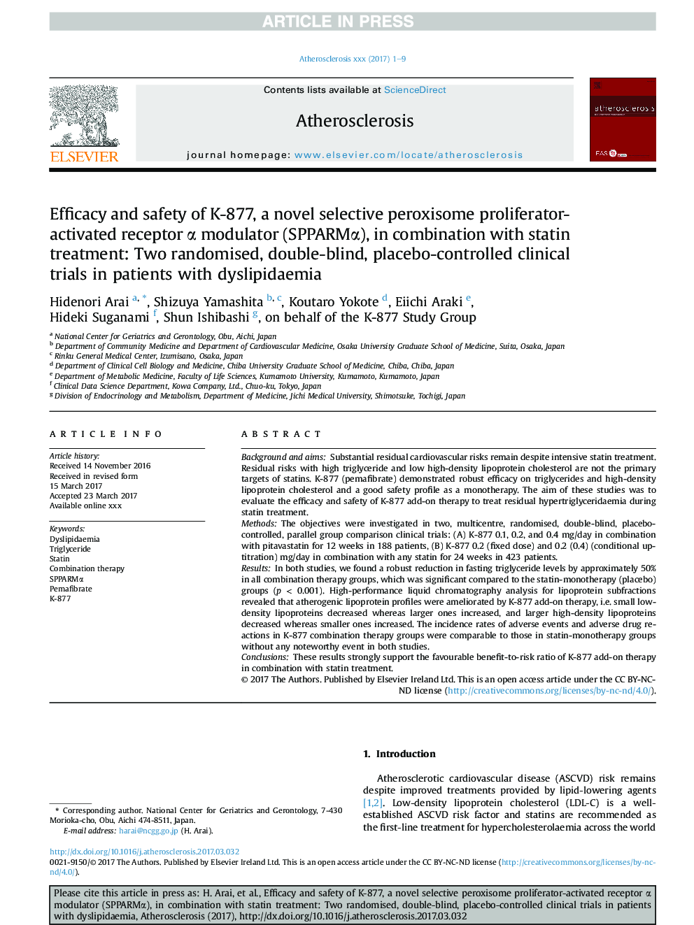 Efficacy and safety of K-877, a novel selective peroxisome proliferator-activated receptor Î± modulator (SPPARMÎ±), in combination with statin treatment: Two randomised, double-blind, placebo-controlled clinical trials in patients with dyslipidaemia