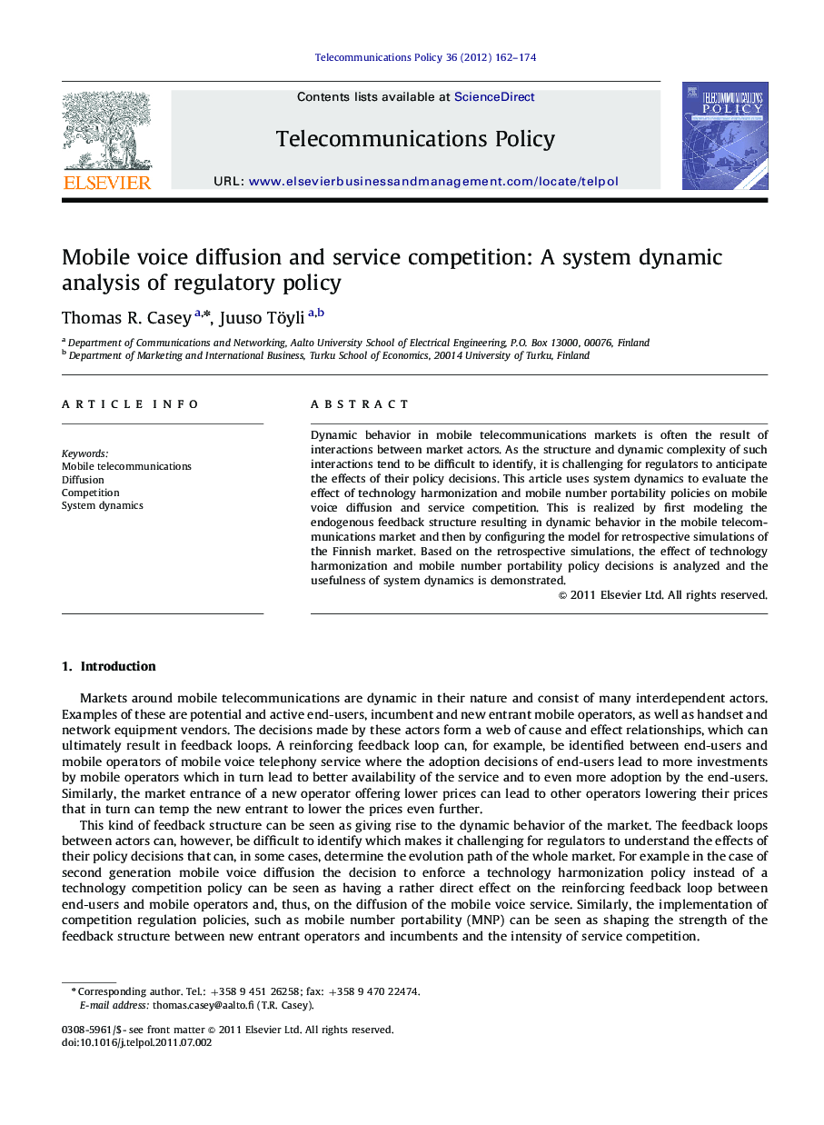 Mobile voice diffusion and service competition: A system dynamic analysis of regulatory policy