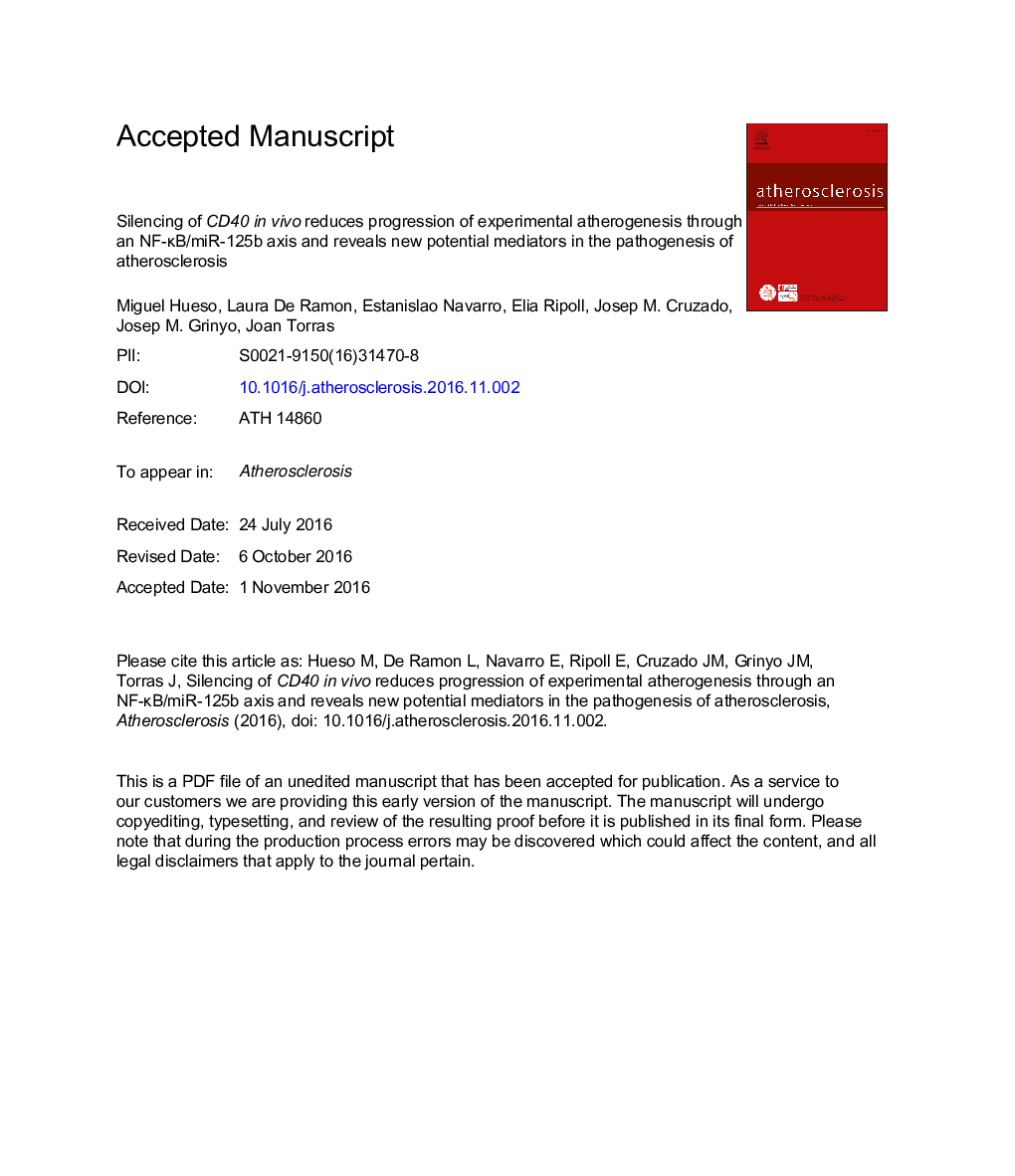 Silencing of CD40 inÂ vivo reduces progression of experimental atherogenesis through an NF-ÎºB/miR-125b axis and reveals new potential mediators in the pathogenesis of atherosclerosis