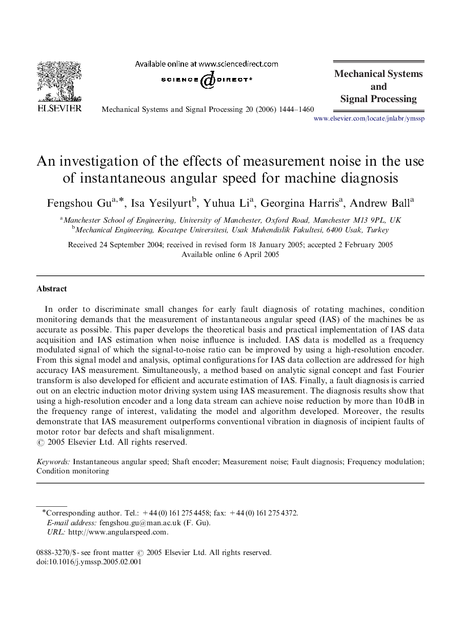 An investigation of the effects of measurement noise in the use of instantaneous angular speed for machine diagnosis