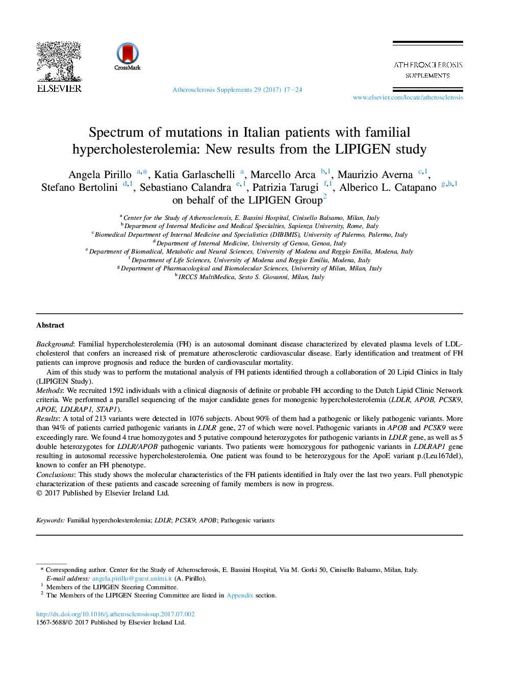 Spectrum of mutations in Italian patients with familial hypercholesterolemia: New results from the LIPIGEN study