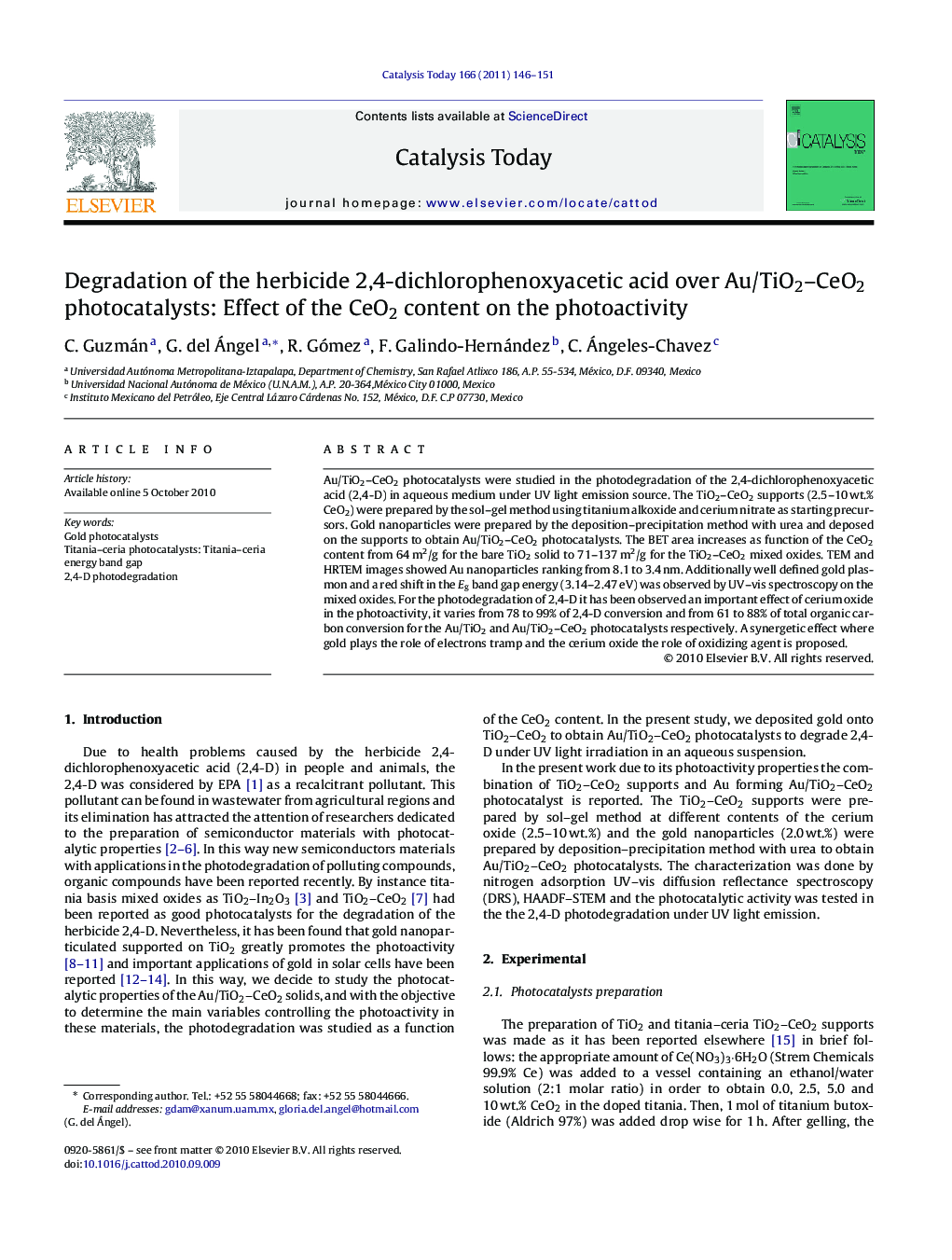 Degradation of the herbicide 2,4-dichlorophenoxyacetic acid over Au/TiO2–CeO2 photocatalysts: Effect of the CeO2 content on the photoactivity
