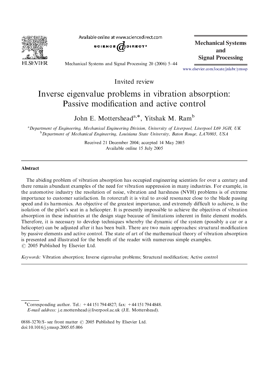 Inverse eigenvalue problems in vibration absorption: Passive modification and active control