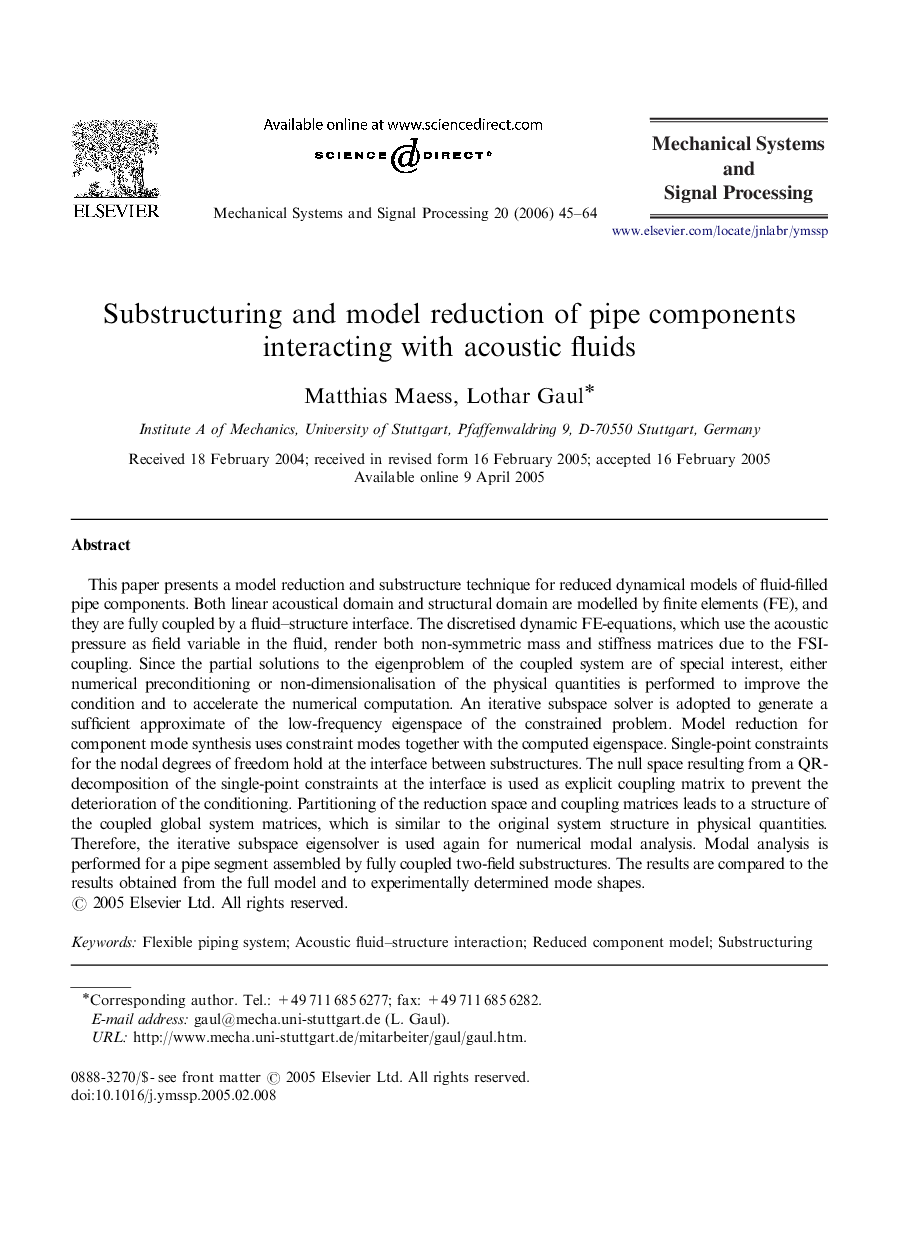 Substructuring and model reduction of pipe components interacting with acoustic fluids