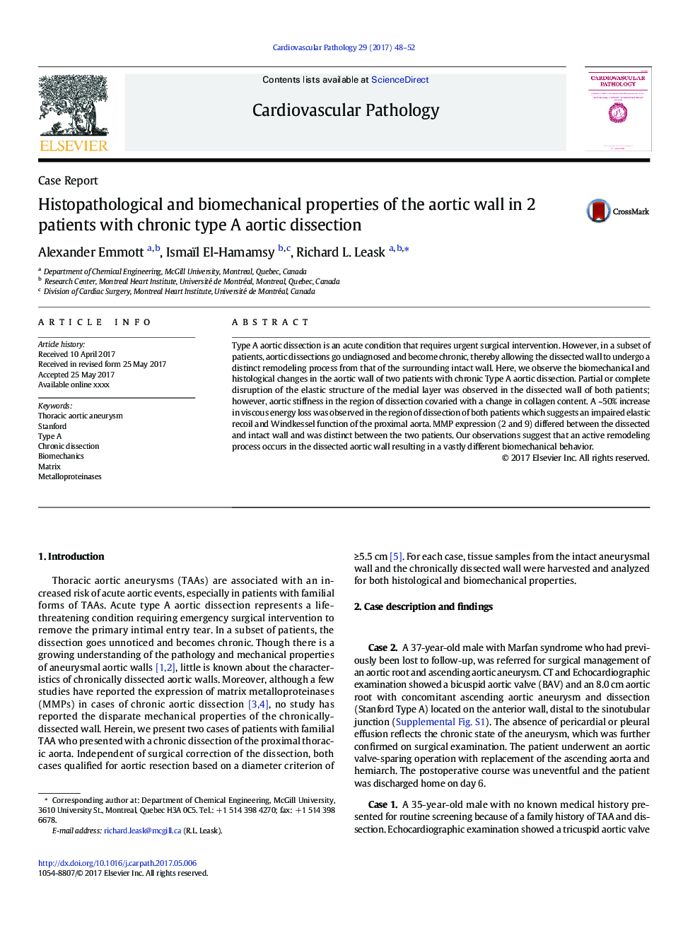 Histopathological and biomechanical properties of the aortic wall in 2 patients with chronic type A aortic dissection