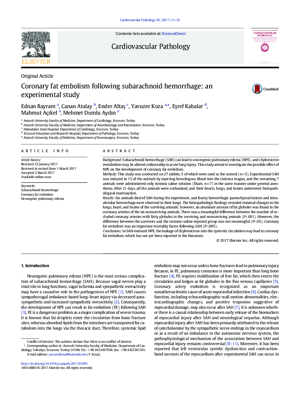 Coronary fat embolism following subarachnoid hemorrhage: an experimental study