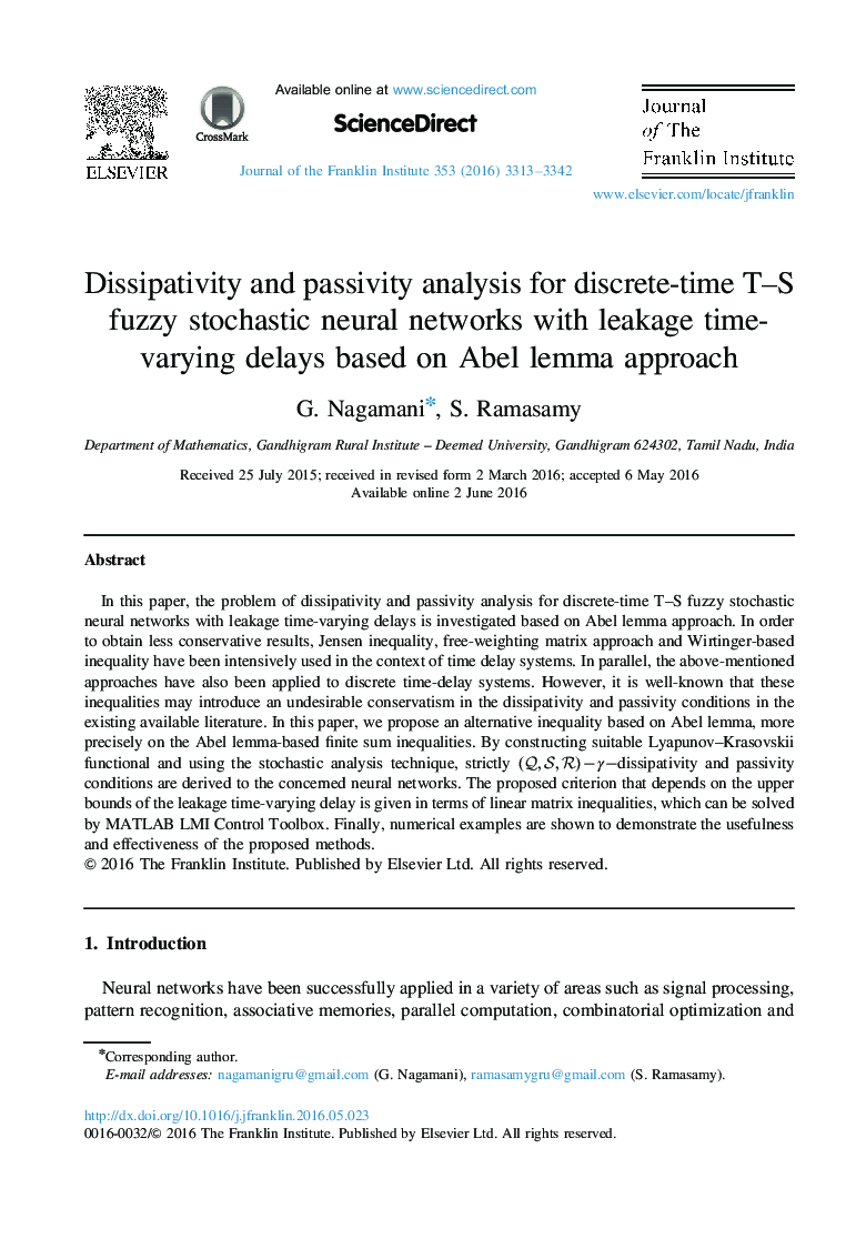 Dissipativity and passivity analysis for discrete-time T–S fuzzy stochastic neural networks with leakage time-varying delays based on Abel lemma approach