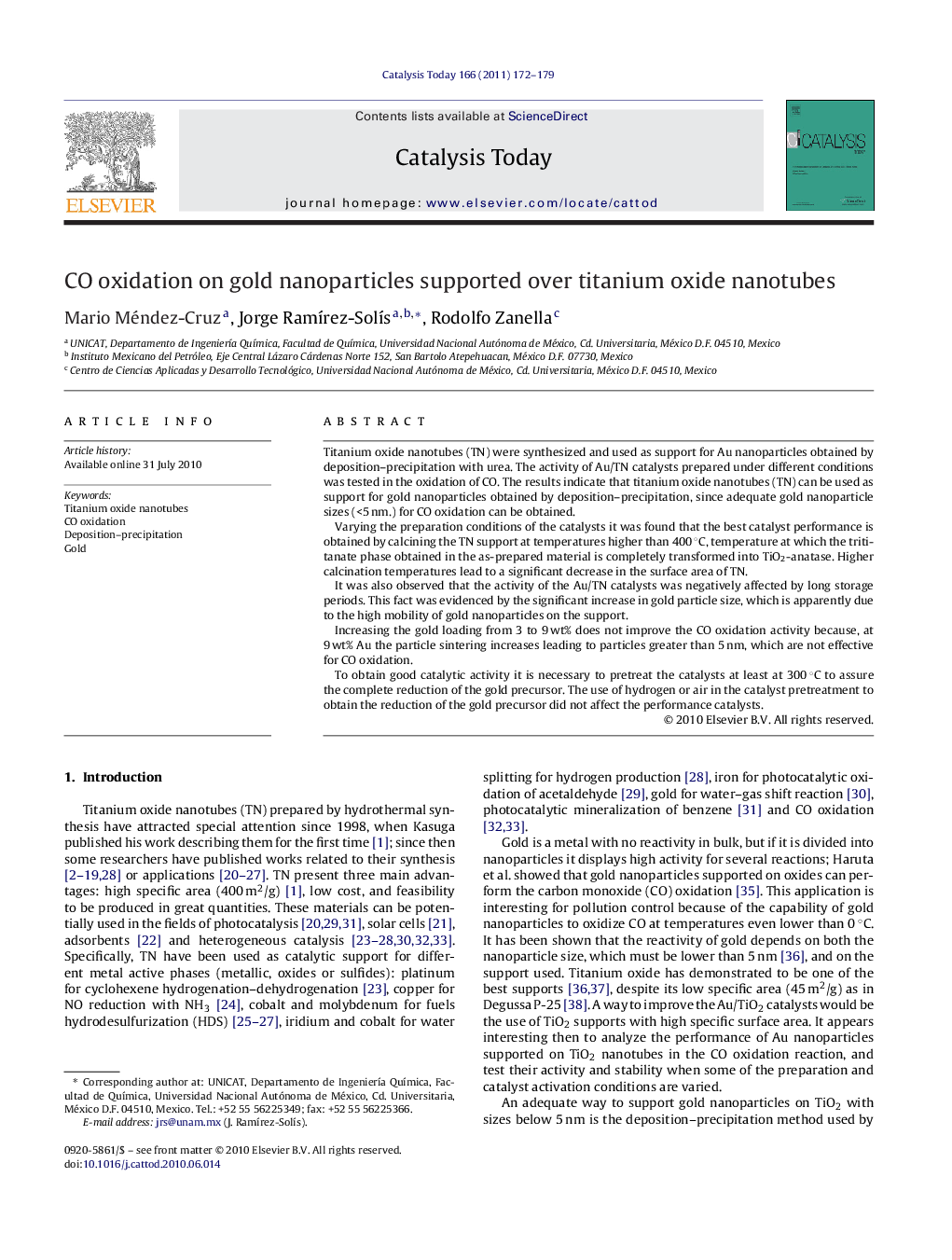 CO oxidation on gold nanoparticles supported over titanium oxide nanotubes