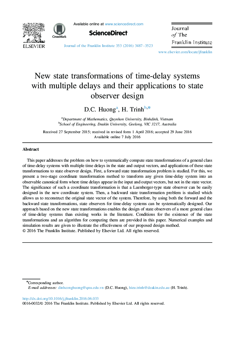 تحولات حالت جدیدی از سیستم تاخیر زمانی با تاخیرهای متعدد و برنامه های کاربردی آنها برای طراحی ناظر حالت