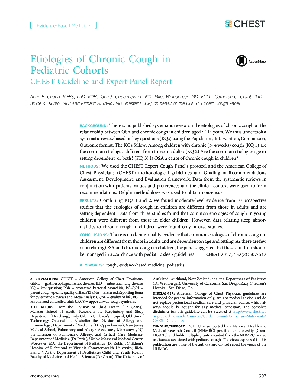 Etiologies of Chronic Cough in Pediatric Cohorts