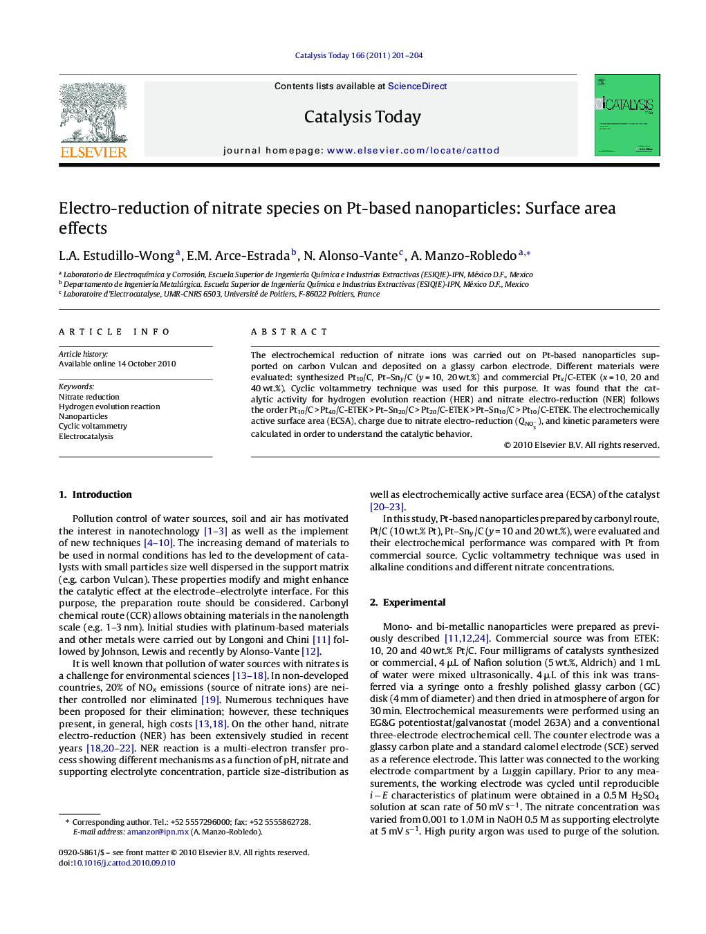 عکس صفحه اول مقاله: Electro-reduction of nitrate species on Pt-based nanoparticles: Surface area effects Electro-reduction of nitrate species on Pt-based nanoparticles: Surface area effects