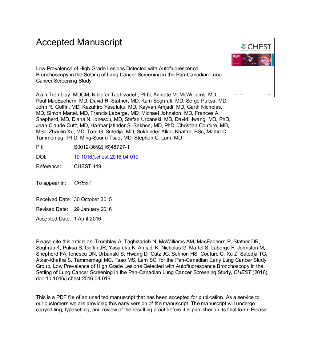 Low Prevalence of High-Grade Lesions Detected With Autofluorescence Bronchoscopy in the Setting of Lung Cancer Screening in the Pan-Canadian Lung Cancer Screening Study