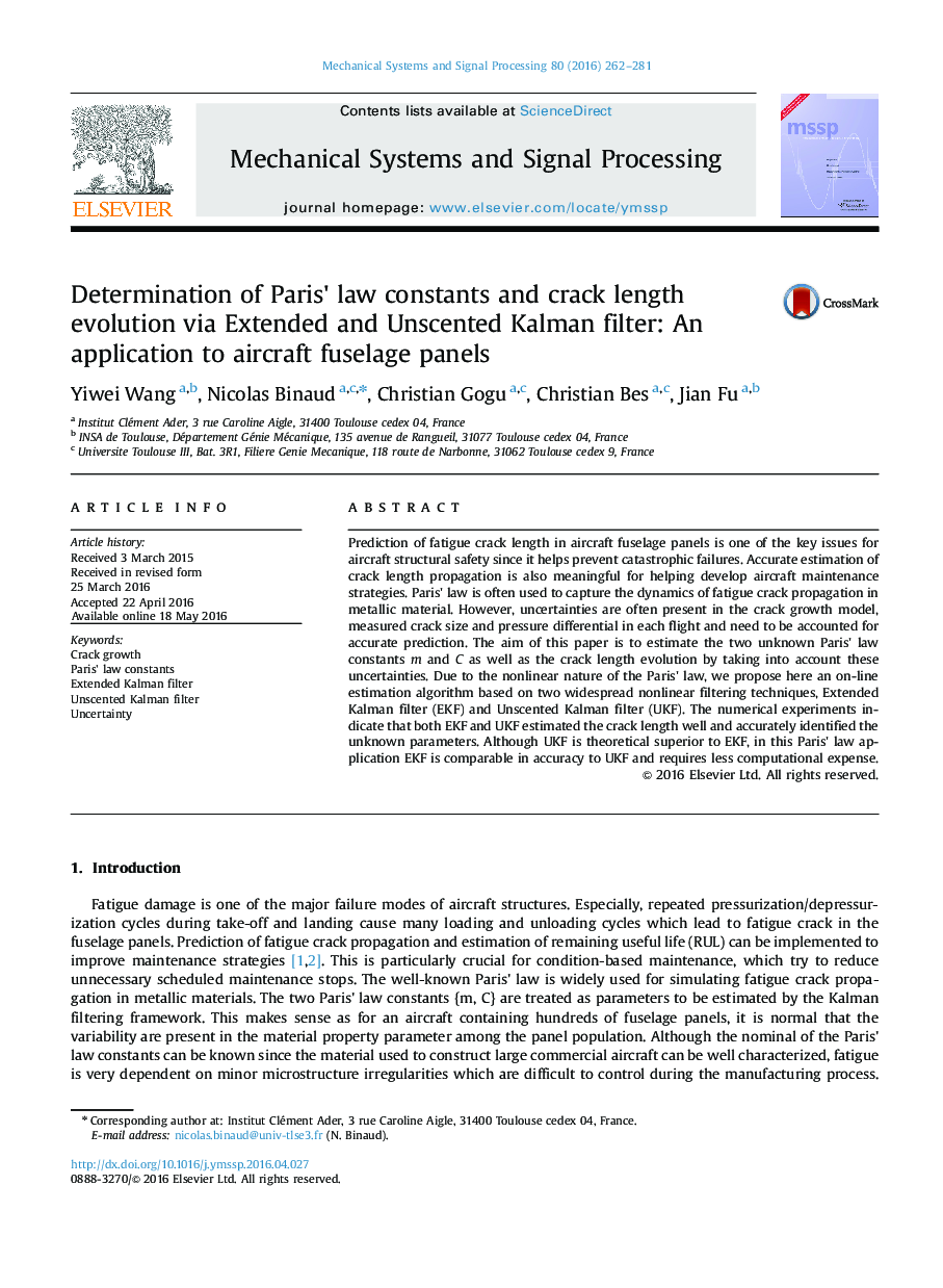 عکس صفحه اول مقاله: Determination of Paris' law constants and crack length evolution via Extended and Unscented Kalman filter: An application to aircraft fuselage panels Determination of Paris' law constants and crack length evolution via Extended and Unscented Kalman filter: An application to aircraft fuselage panels
