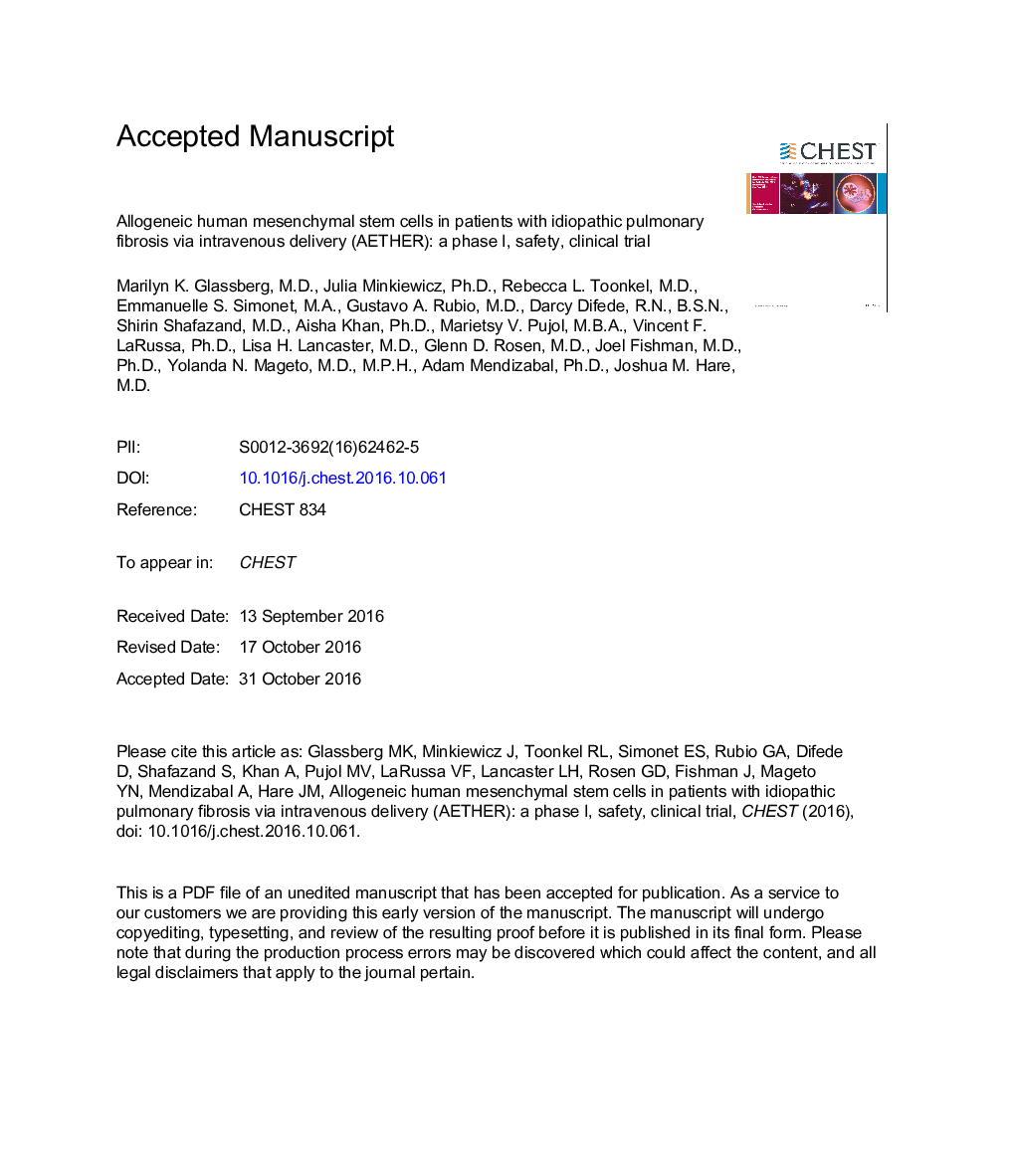 Allogeneic Human Mesenchymal Stem Cells in Patients With Idiopathic Pulmonary Fibrosis via Intravenous Delivery (AETHER)