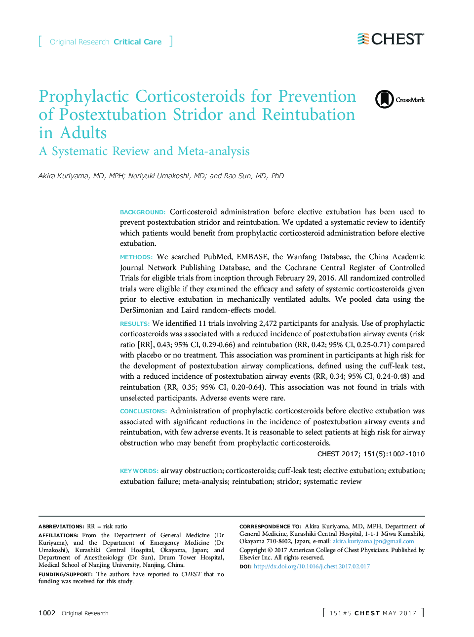 Prophylactic Corticosteroids for Prevention of Postextubation Stridor and Reintubation in Adults