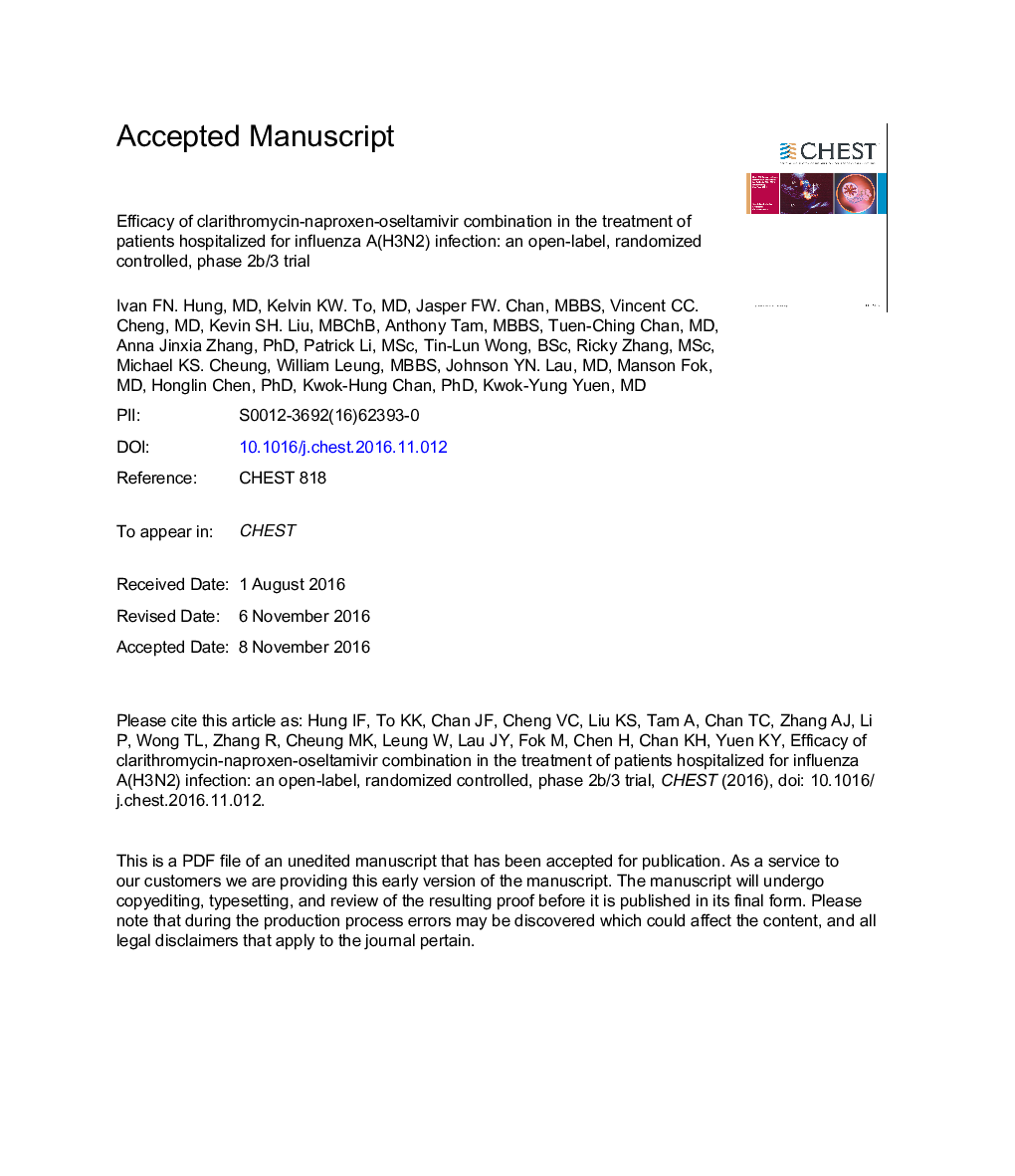 Efficacy of Clarithromycin-Naproxen-Oseltamivir Combination in the Treatment of Patients Hospitalized for Influenza A(H3N2) Infection