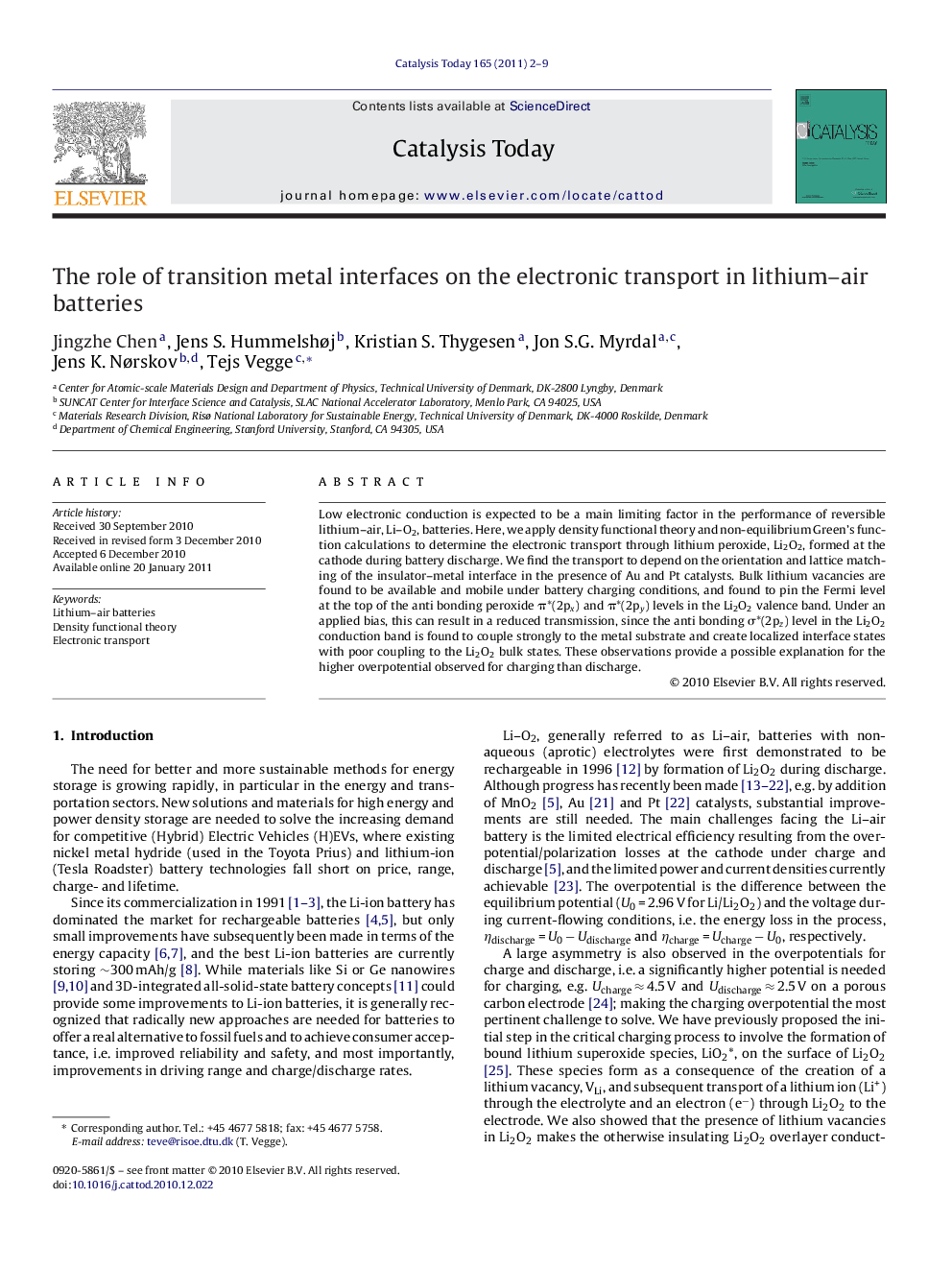 The role of transition metal interfaces on the electronic transport in lithium–air batteries
