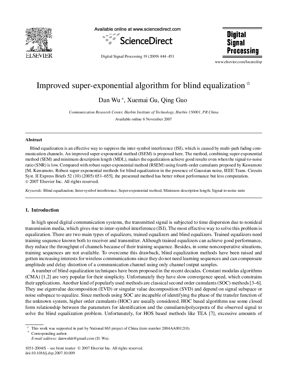 عکس صفحه اول مقاله: Improved super-exponential algorithm for blind equalization Improved super-exponential algorithm for blind equalization