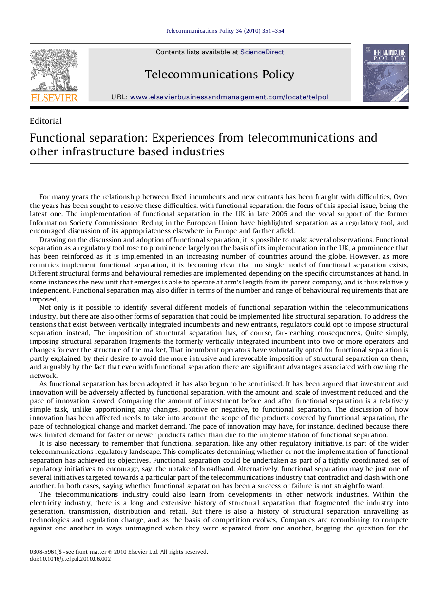 Functional separation: Experiences from telecommunications and other infrastructure based industries