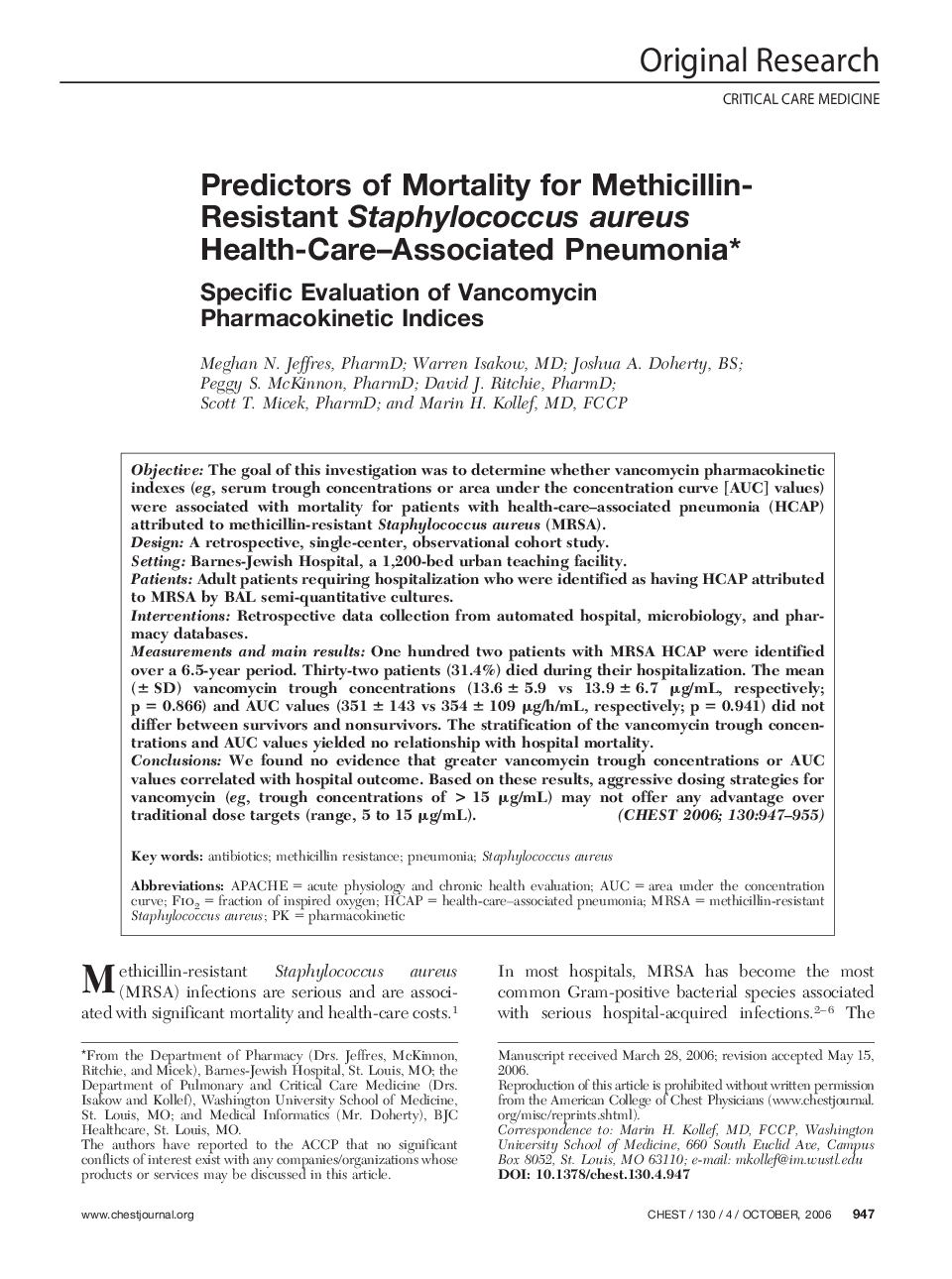 Predictors of Mortality for Methicillin-Resistant Staphylococcus aureus Health-Care-Associated Pneumonia