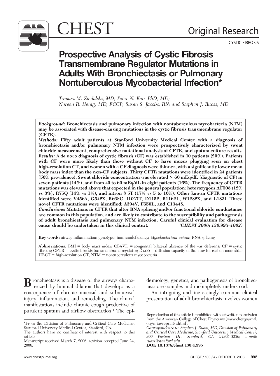 Prospective Analysis of Cystic Fibrosis Transmembrane Regulator Mutations in Adults With Bronchiectasis or Pulmonary Nontuberculous Mycobacterial Infection