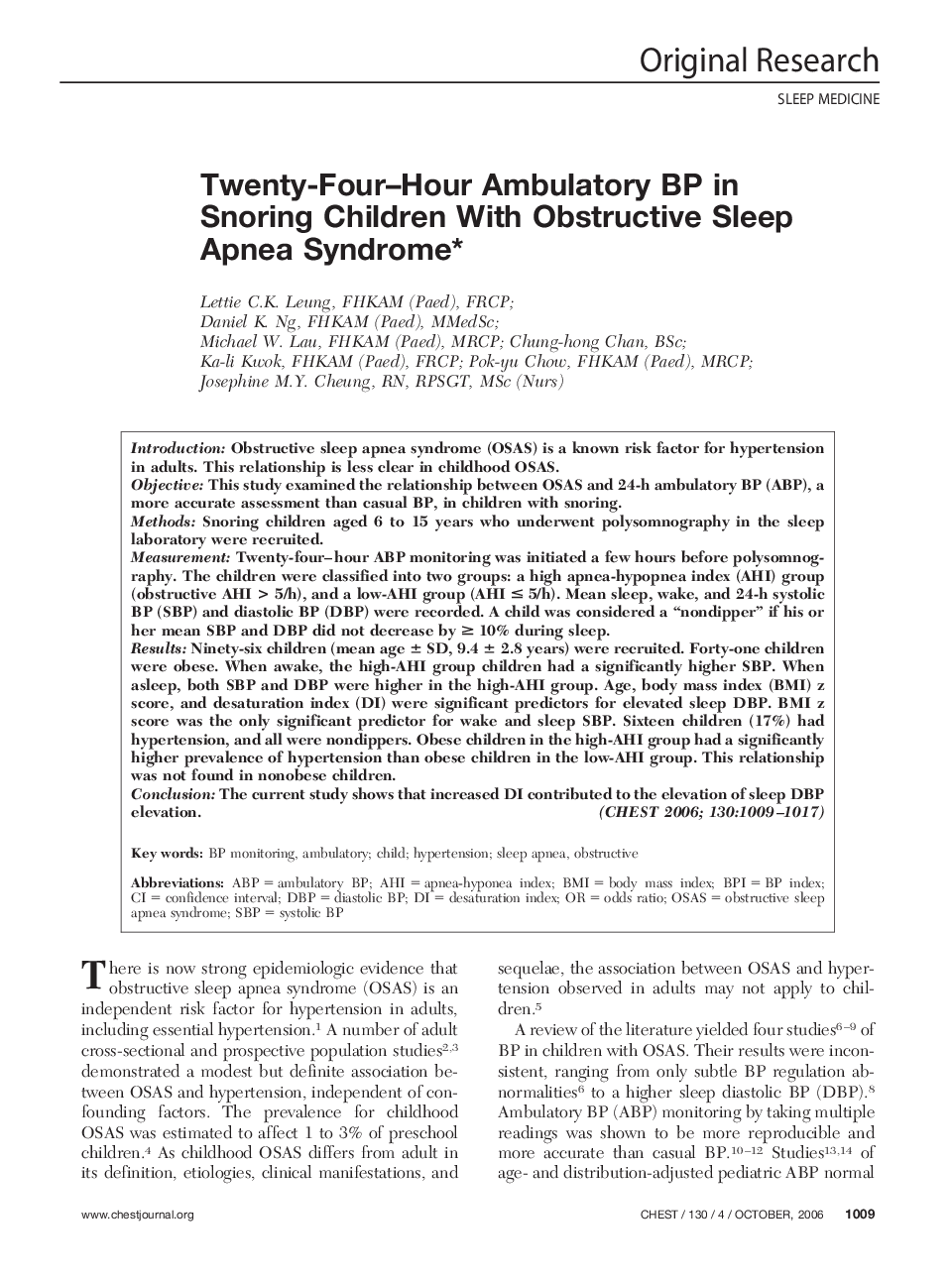 Twenty-Four-Hour Ambulatory BP in Snoring Children With Obstructive Sleep Apnea Syndrome