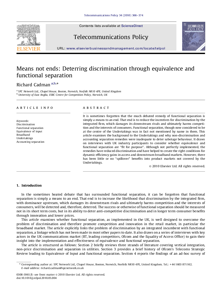 Means not ends: Deterring discrimination through equivalence and functional separation