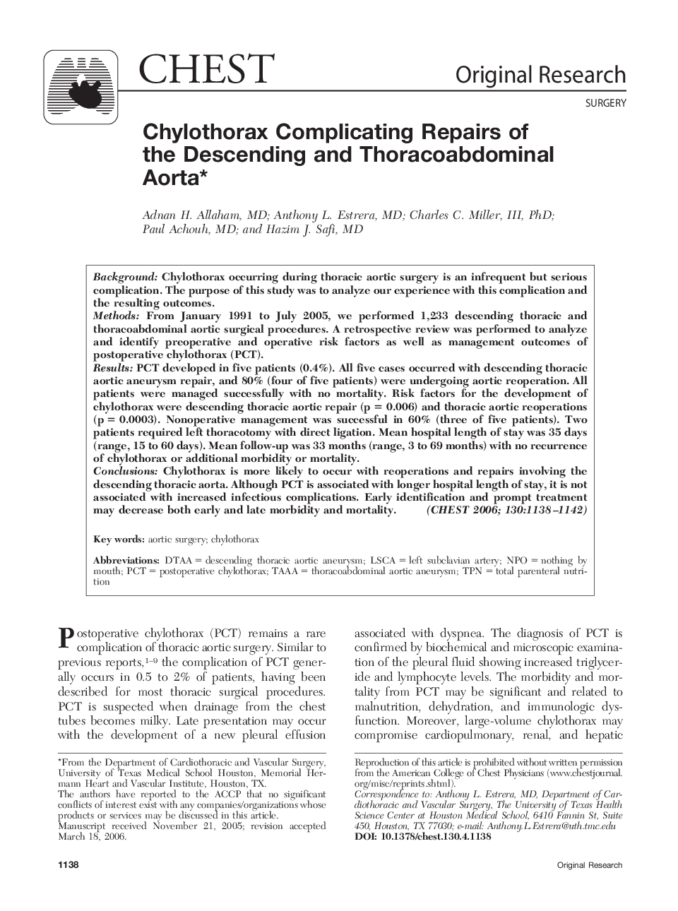 Chylothorax Complicating Repairs of the Descending and Thoracoabdominal Aorta