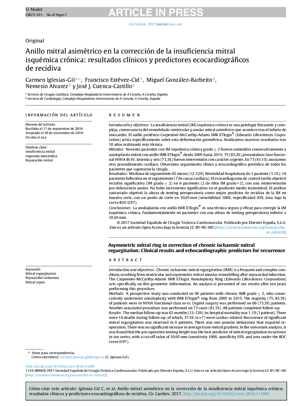 Anillo mitral asimétrico en la corrección de la insuficiencia mitral isquémica crónica: resultados clÃ­nicos y predictores ecocardiográficos de recidiva