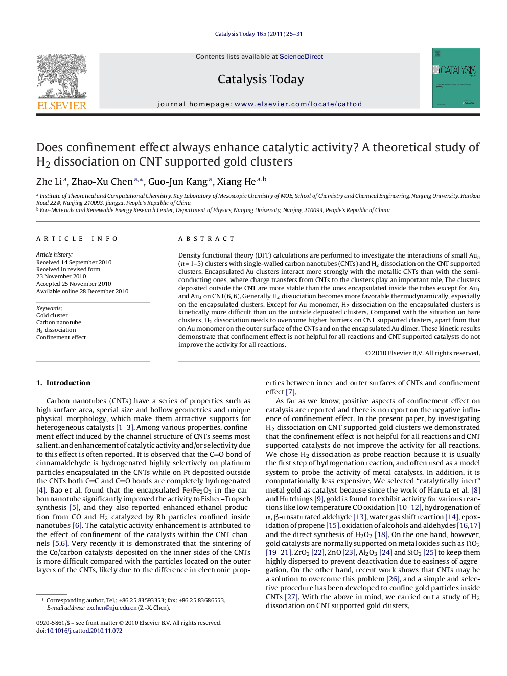 Does confinement effect always enhance catalytic activity? A theoretical study of H2 dissociation on CNT supported gold clusters