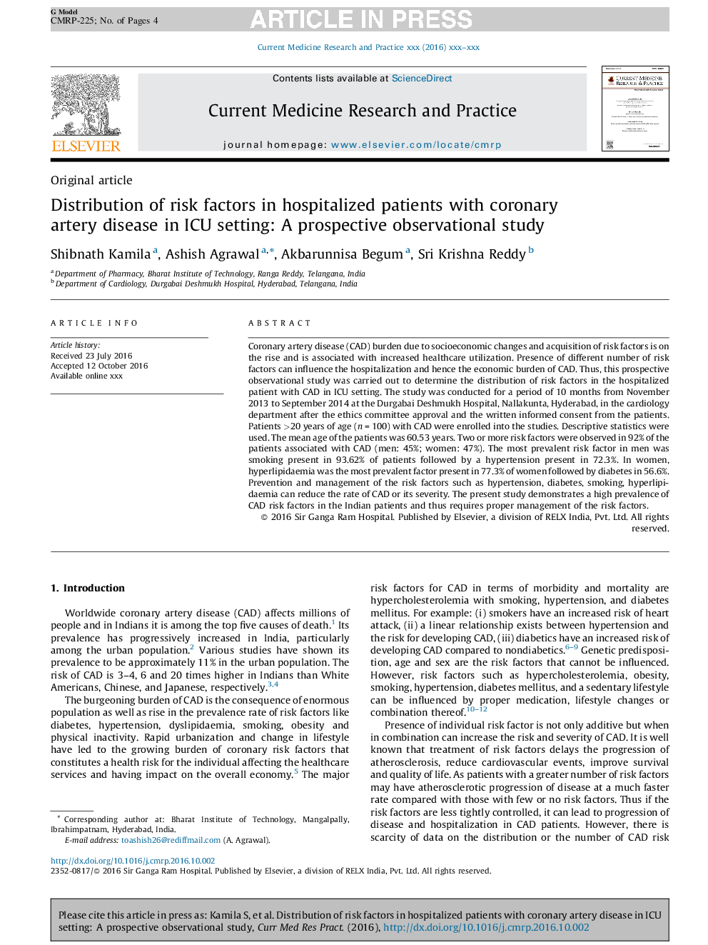 عکس صفحه اول مقاله: Distribution of risk factors in hospitalized patients with coronary artery disease in ICU setting: A prospective observational study Distribution of risk factors in hospitalized patients with coronary artery disease in ICU setting: A prospective observational study