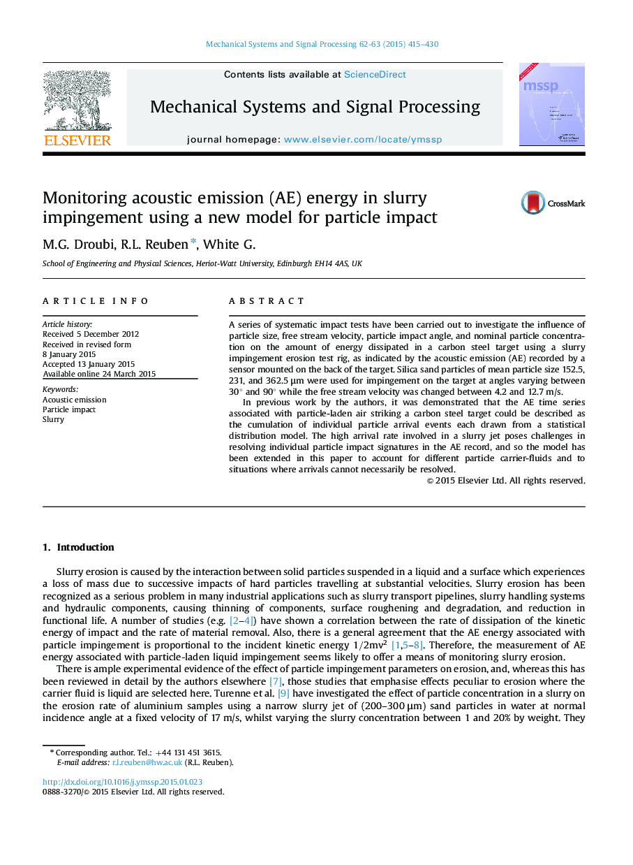 Monitoring acoustic emission (AE) energy in slurry impingement using a new model for particle impact