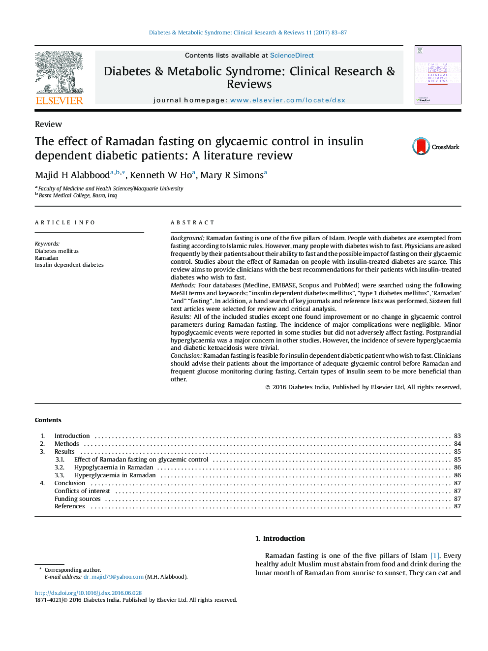 The effect of Ramadan fasting on glycaemic control in insulin dependent diabetic patients: A literature review