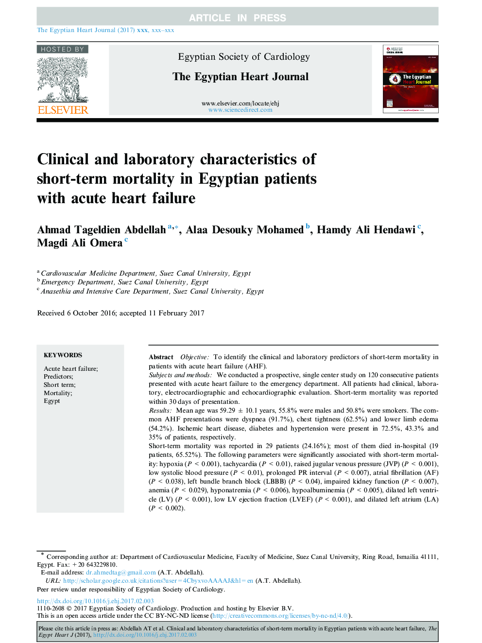 Clinical and laboratory characteristics of short-term mortality in Egyptian patients with acute heart failure