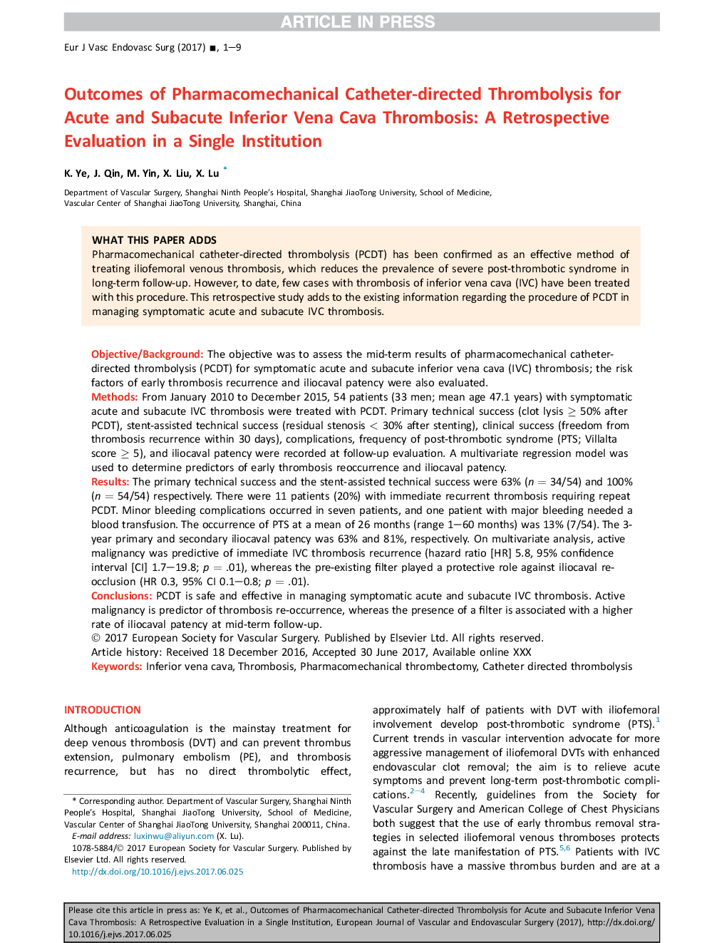 Outcomes of Pharmacomechanical Catheter-directed Thrombolysis for Acute and Subacute Inferior Vena Cava Thrombosis: A Retrospective Evaluation in a Single Institution