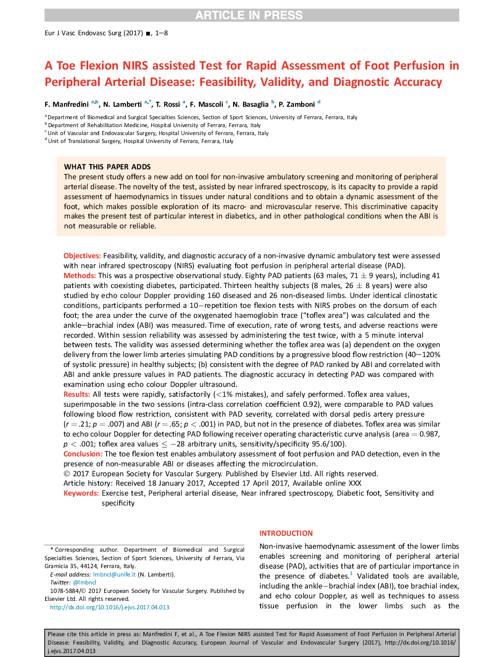 A Toe Flexion NIRS assisted Test for Rapid Assessment of Foot Perfusion in Peripheral Arterial Disease: Feasibility, Validity, and Diagnostic Accuracy