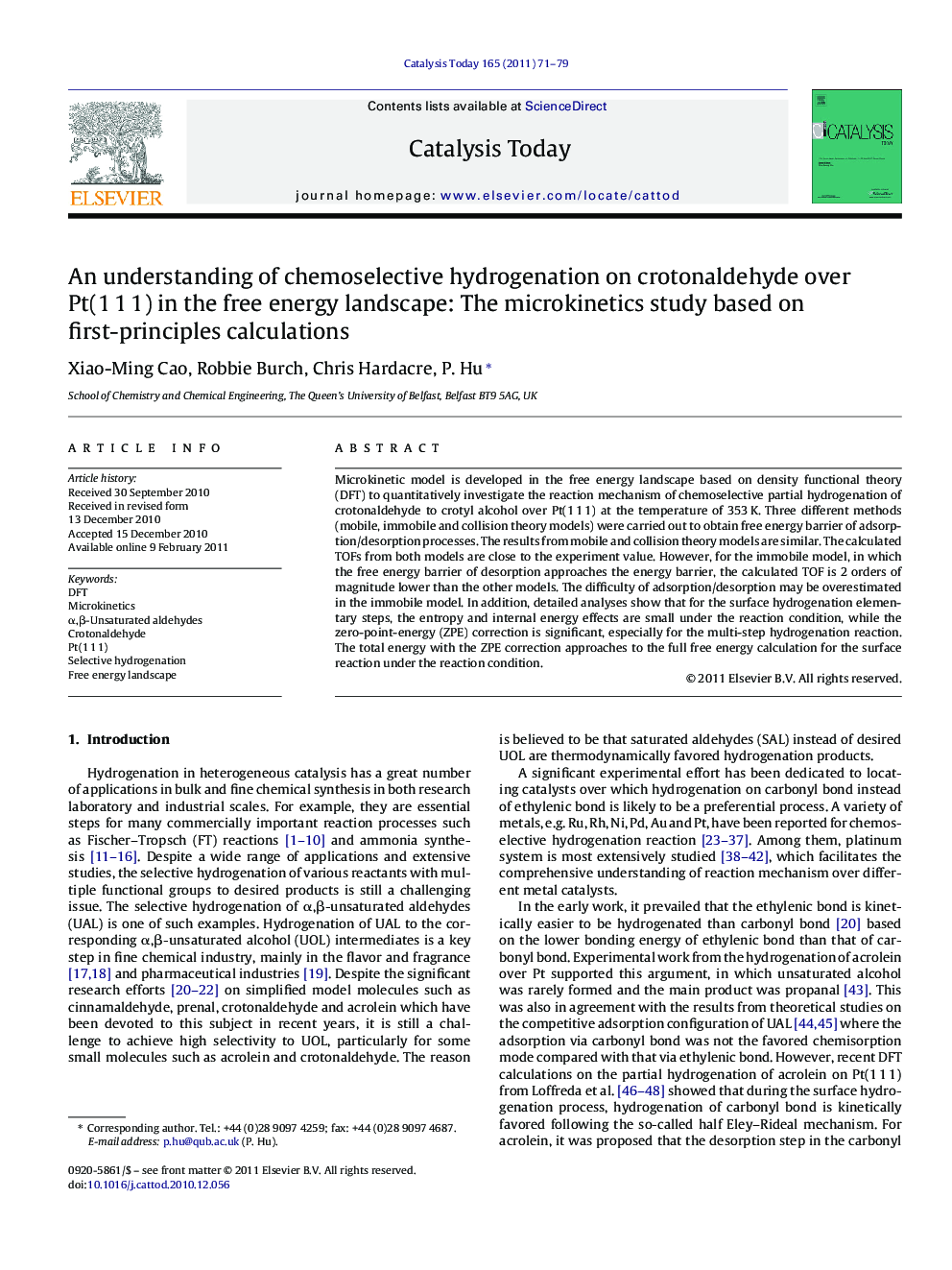 An understanding of chemoselective hydrogenation on crotonaldehyde over Pt(1 1 1) in the free energy landscape: The microkinetics study based on first-principles calculations