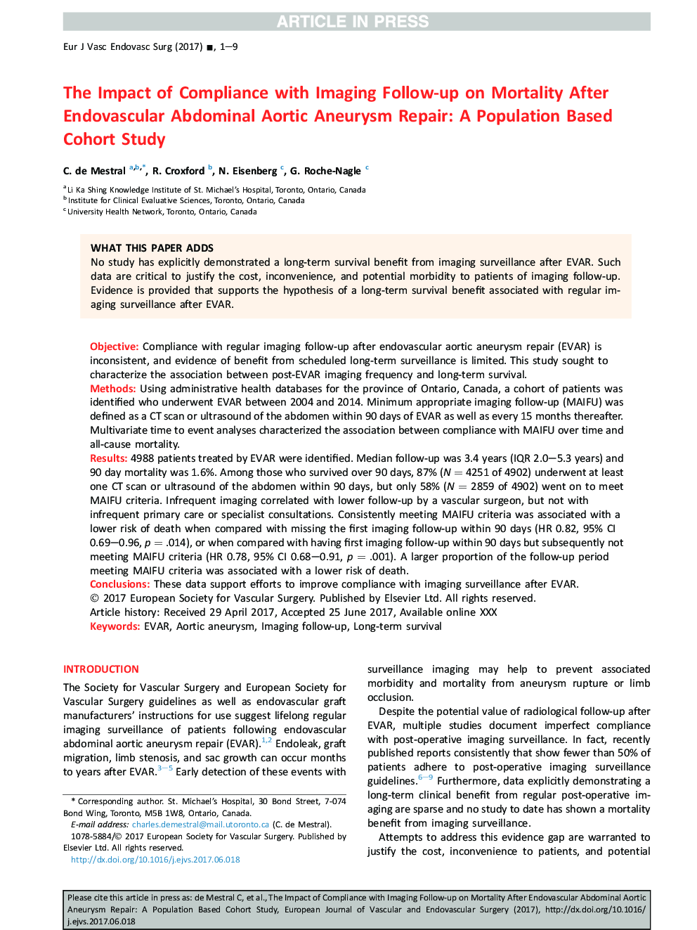 The Impact of Compliance with Imaging Follow-up on Mortality After Endovascular Abdominal Aortic Aneurysm Repair: A Population Based Cohort Study