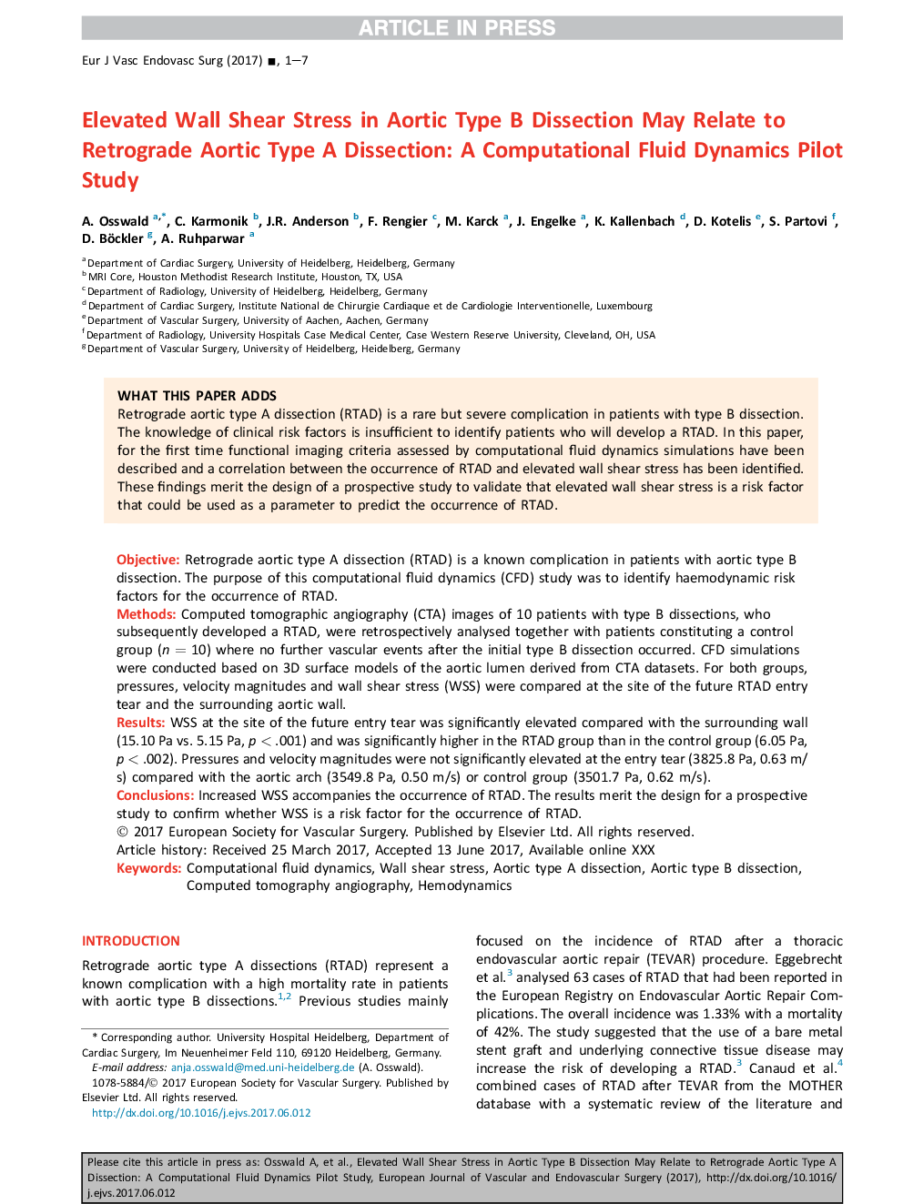 Elevated Wall Shear Stress in Aortic Type B Dissection May Relate to Retrograde Aortic Type A Dissection: A Computational Fluid Dynamics Pilot Study